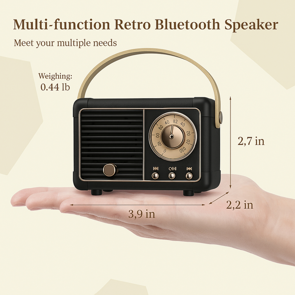 Multi-function retro Bluetooth speaker held in a hand with dimensions displayed.
