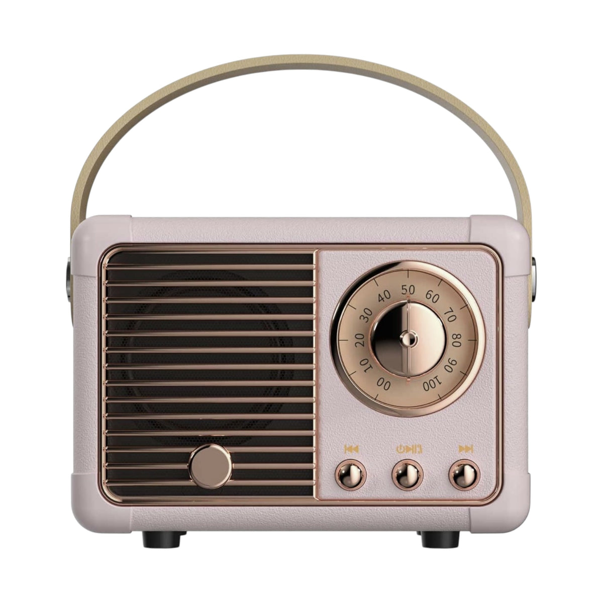 Vintage-style radio with beige casing and metallic accents on a white background