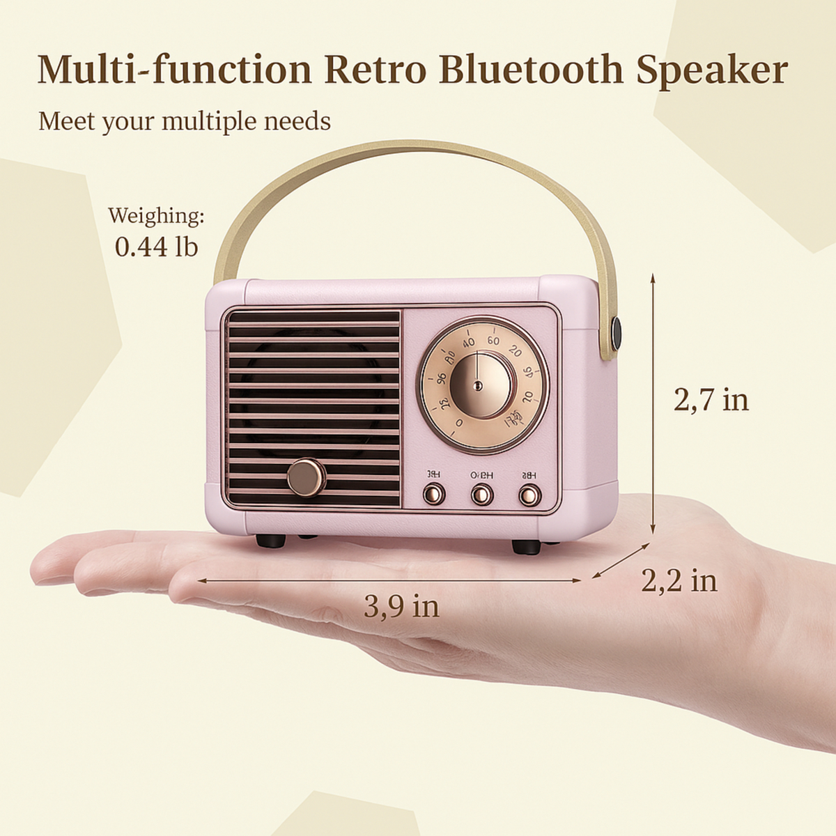 Retro Bluetooth speaker held in a hand with dimensions displayed