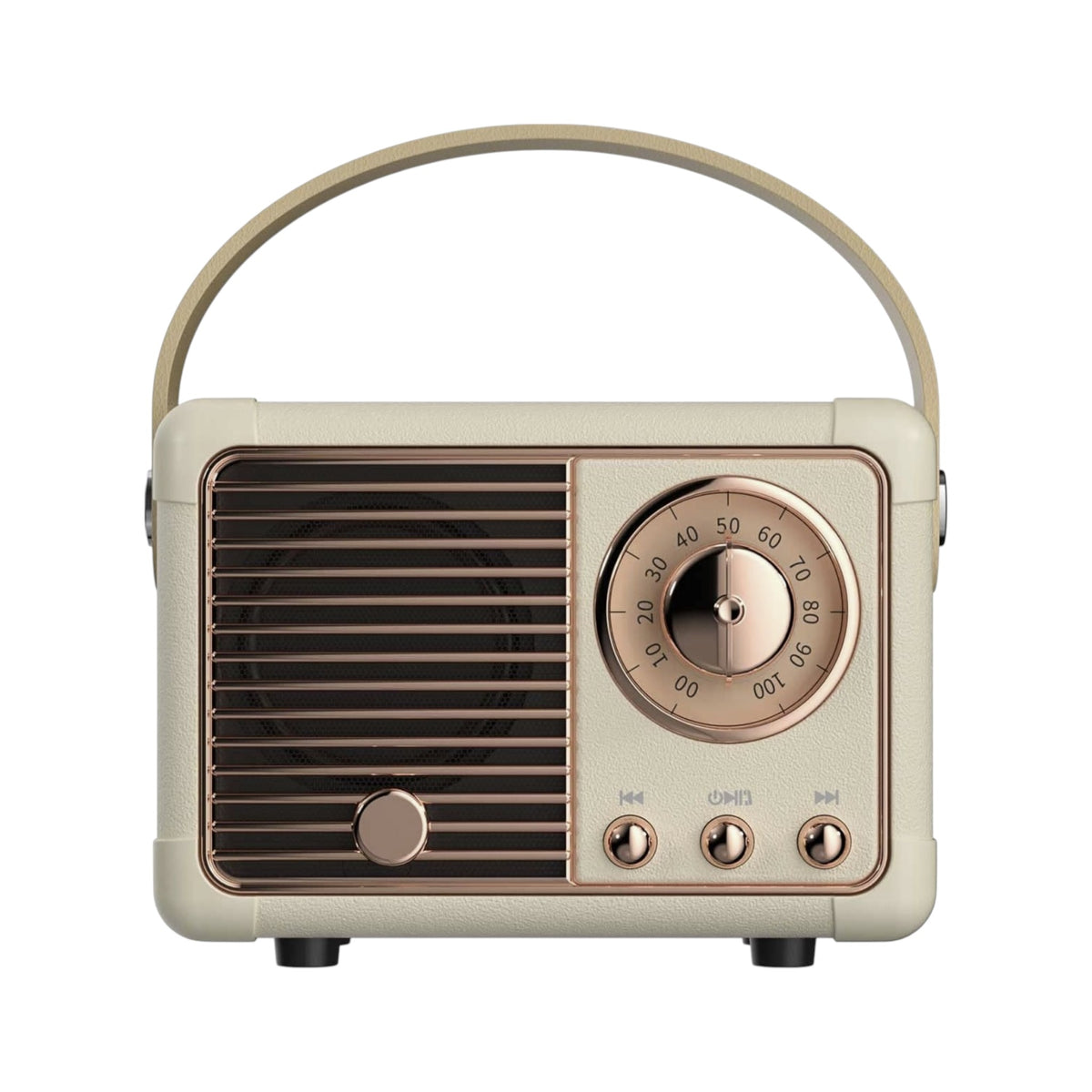 Vintage-style radio with beige casing and rose gold accents on a white background