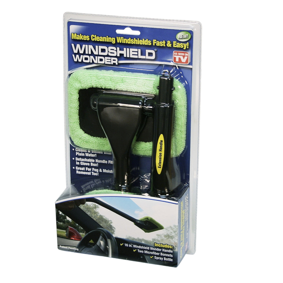 Packaged Windshield Wonder windshield cleaning tool with green microfiber pad and black handle on a white background