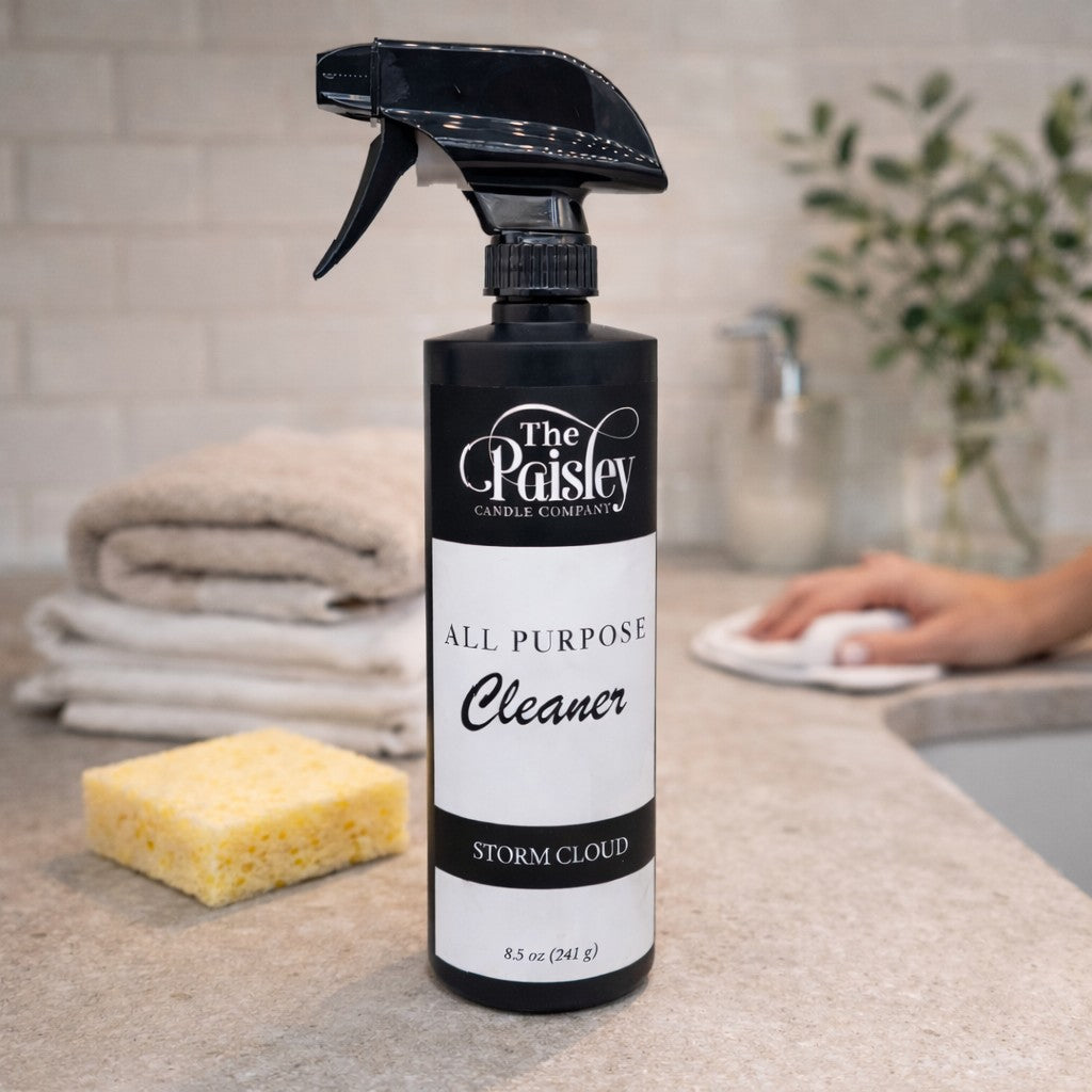 Storm Cloud all purpose cleaner by Paisley Candle Company on kitchen countertop with sponge, towels, and cleaning scene