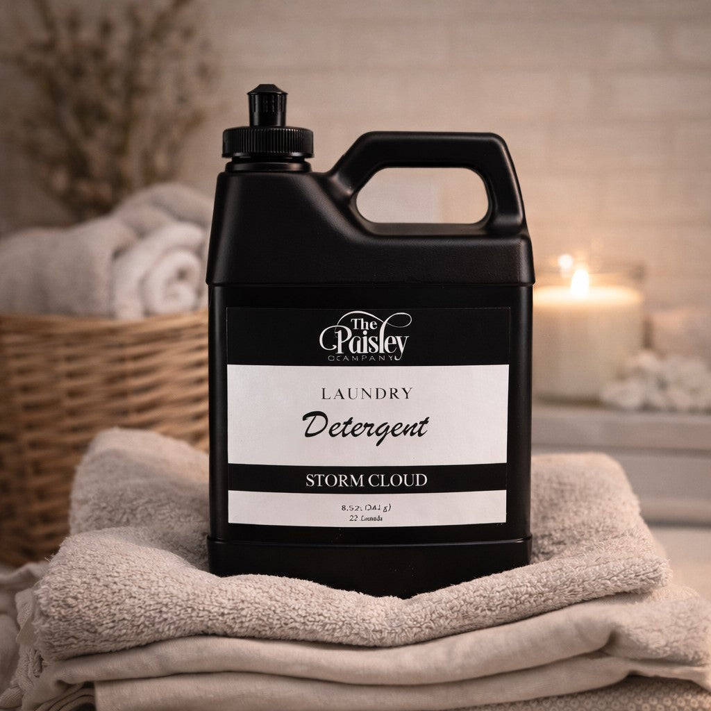 Storm Cloud laundry detergent by Paisley Candle Company styled on folded towels in a cozy laundry room setting