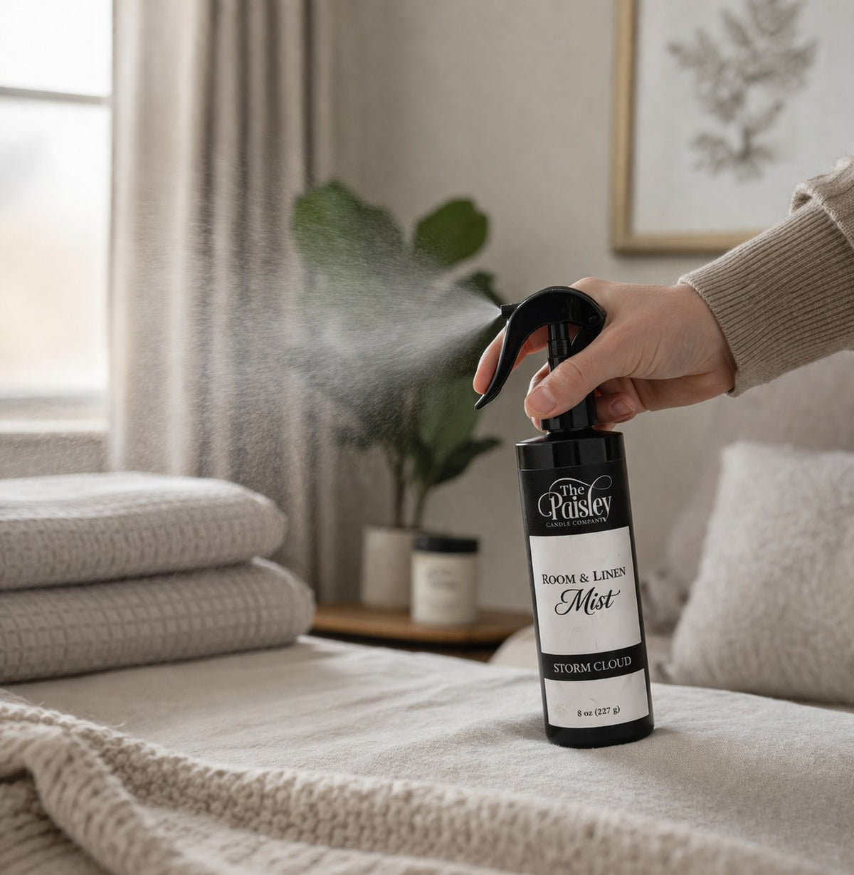 Storm Cloud room and linen mist by Paisley Candle Company being sprayed over bedding in a soft neutral bedroom setting